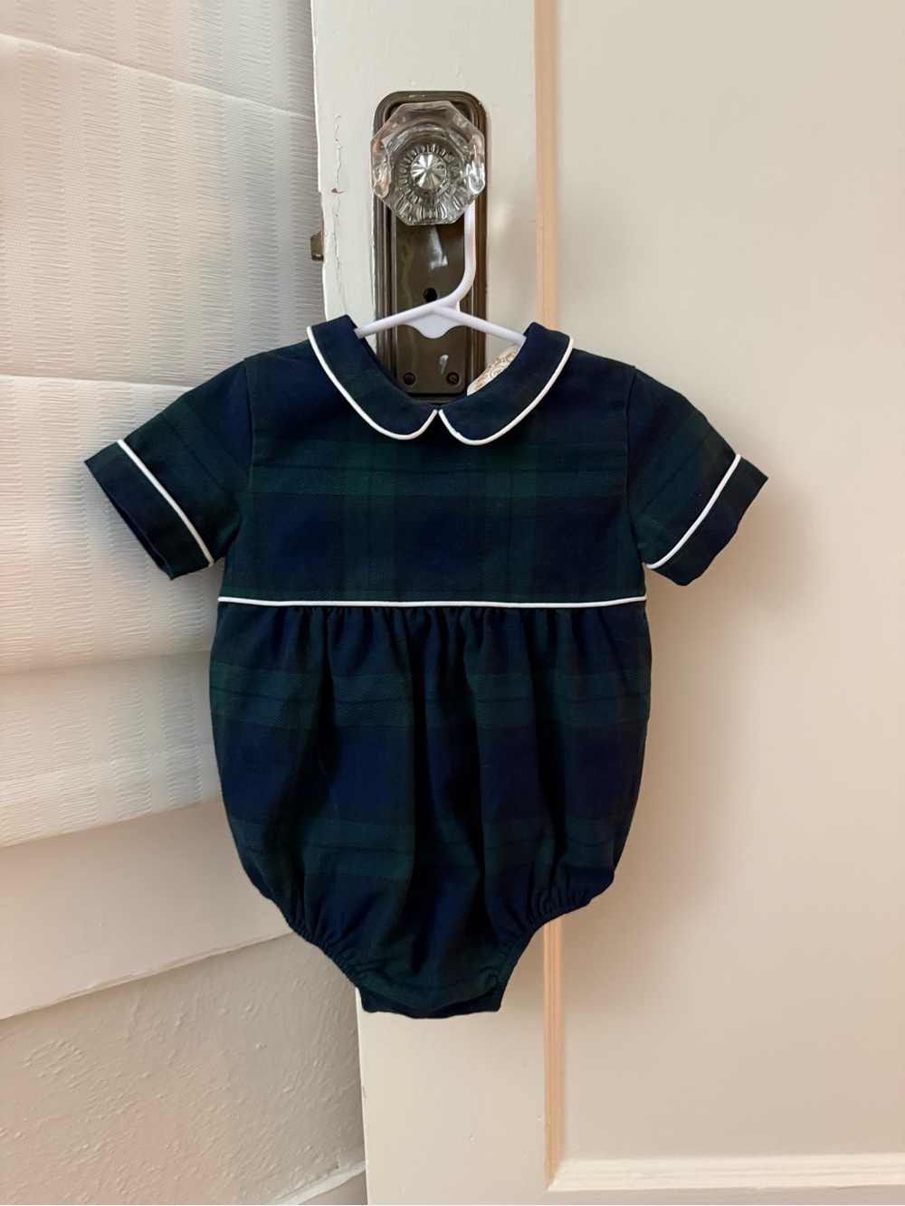 Beaufort Bonnet Co Navy and Dark Green Plaid Baby One-Piece w/White Piping